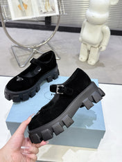 PRADA 25S PLATFORM MARY JANE SHOES IN BLACK SUEDE