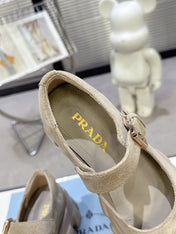 PRADA 25S PLATFORM MARY JANE SHOES IN BEIGE SUEDE