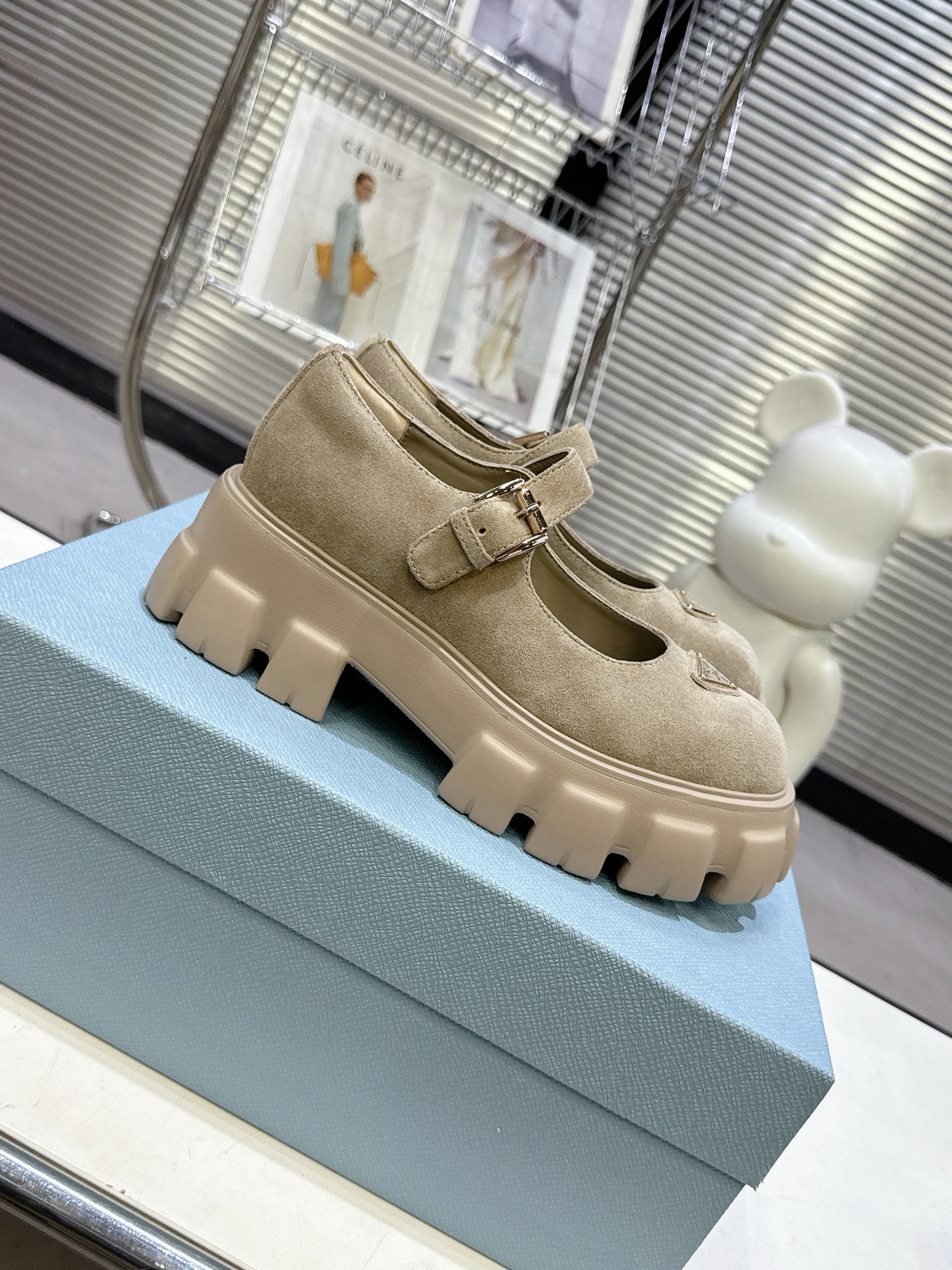 PRADA 25S PLATFORM MARY JANE SHOES IN BEIGE SUEDE