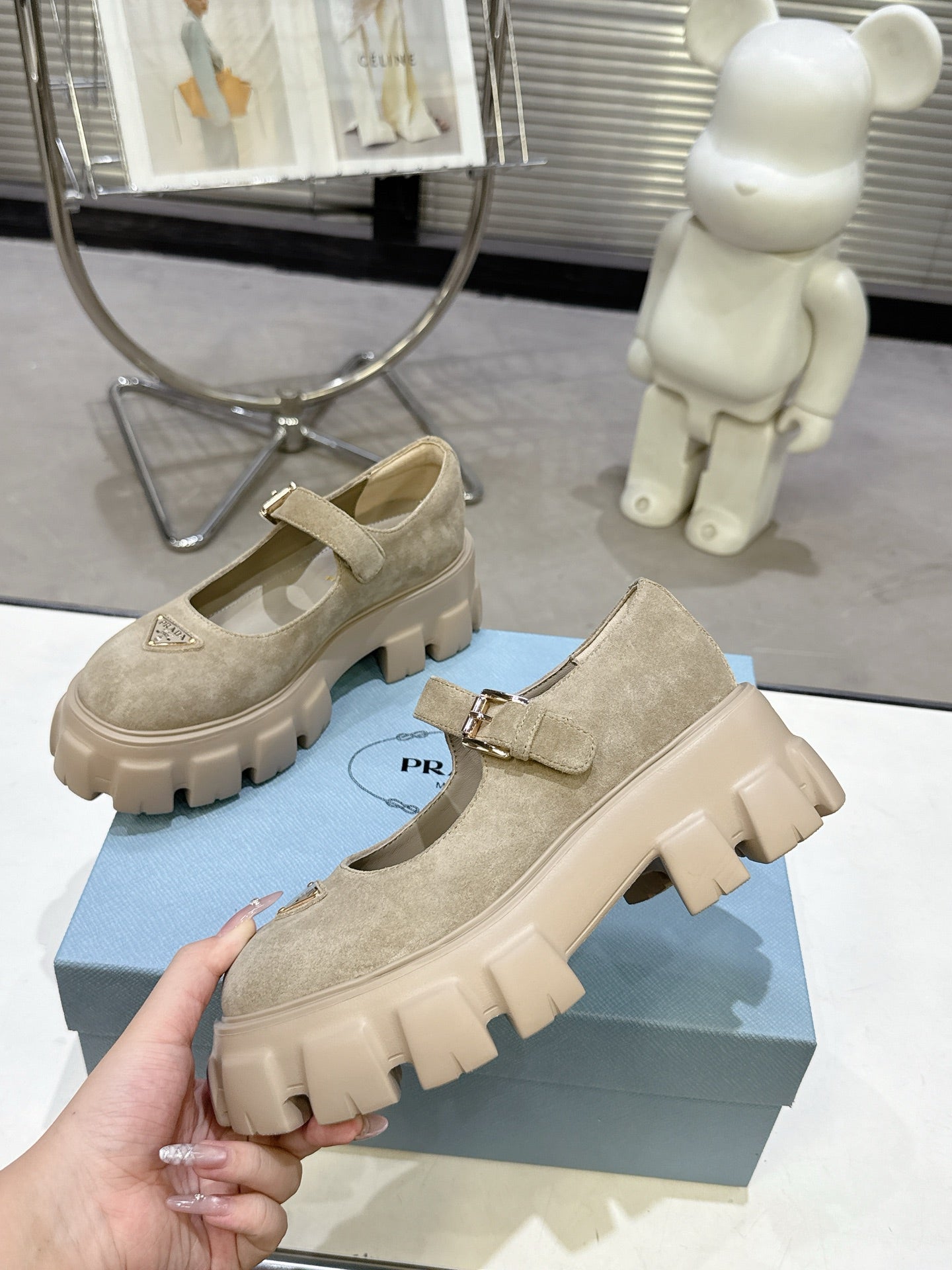 PRADA 25S PLATFORM MARY JANE SHOES IN BEIGE SUEDE