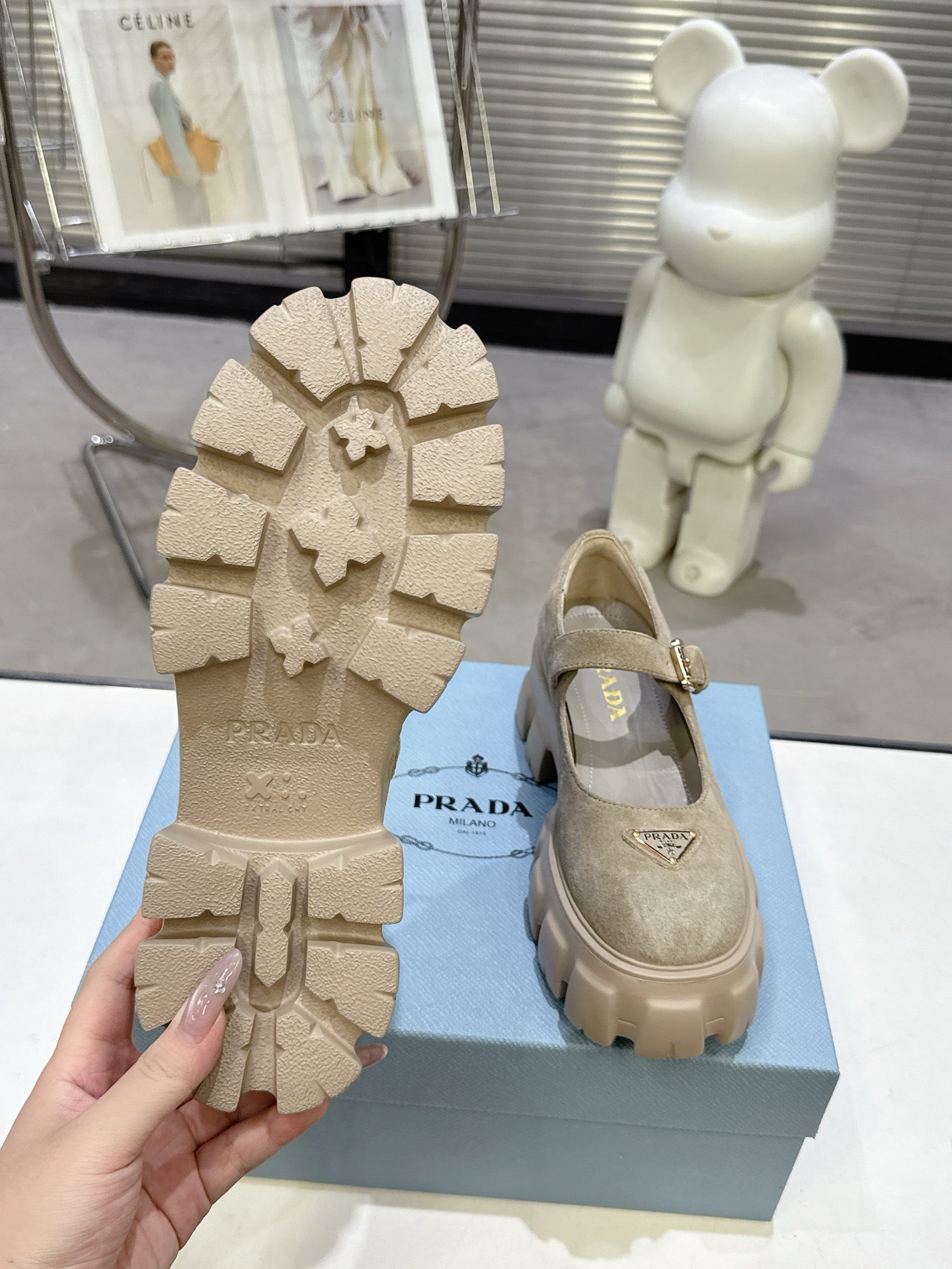 PRADA 25S PLATFORM MARY JANE SHOES IN BEIGE SUEDE