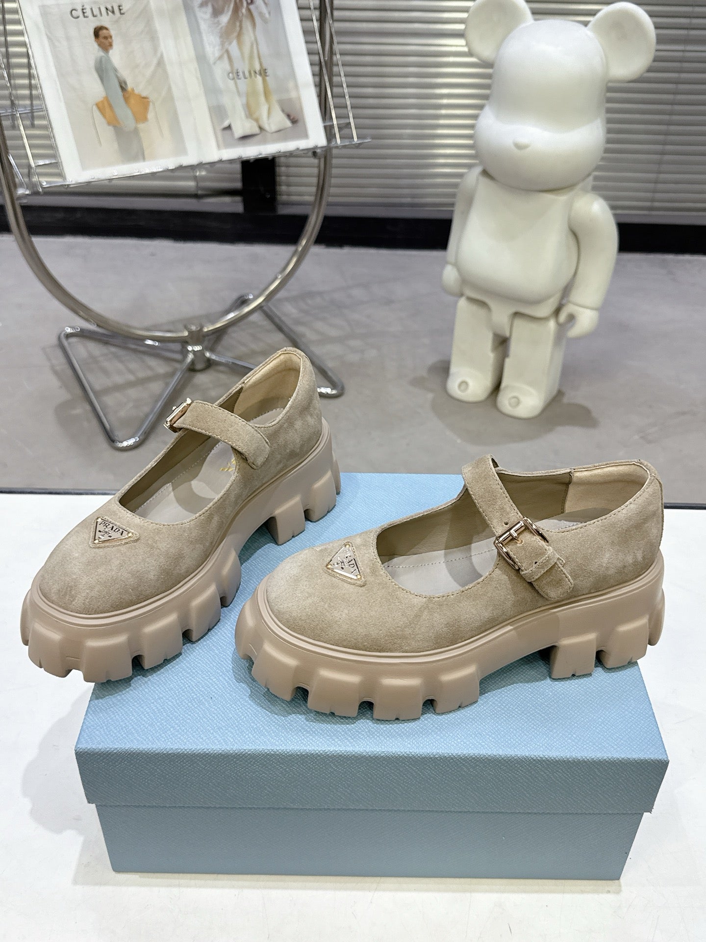 PRADA 25S PLATFORM MARY JANE SHOES IN BEIGE SUEDE