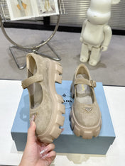 PRADA 25S PLATFORM MARY JANE SHOES IN BEIGE SUEDE