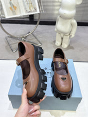 PRADA 25S PLATFORM MARY JANE SHOES IN BROWN CALFSKIN