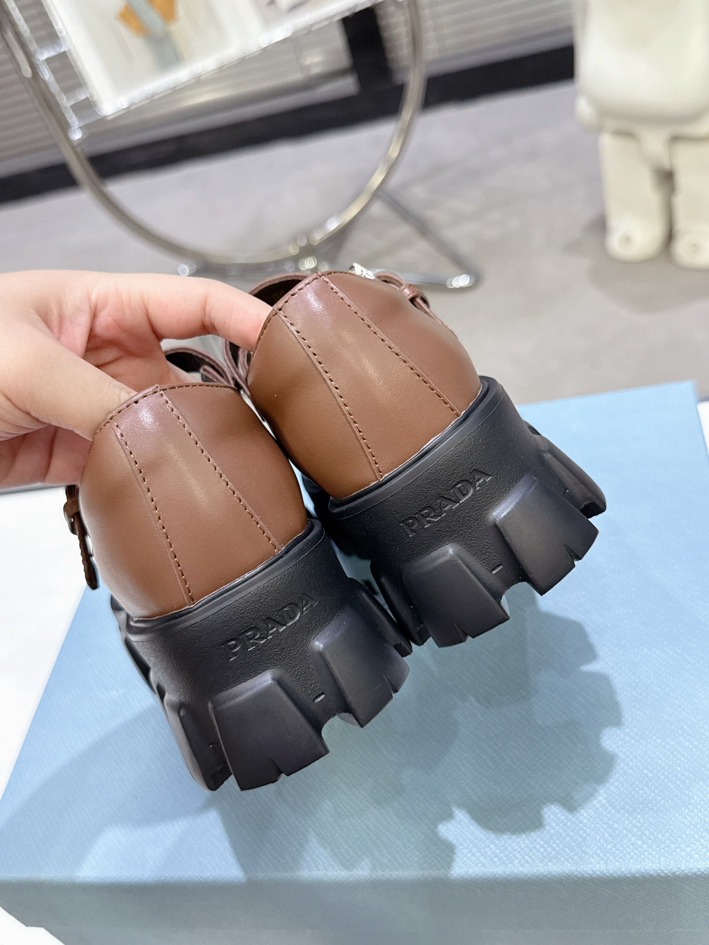 PRADA 25S PLATFORM MARY JANE SHOES IN BROWN CALFSKIN
