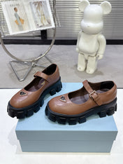 PRADA 25S PLATFORM MARY JANE SHOES IN BROWN CALFSKIN