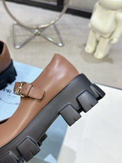 PRADA 25S PLATFORM MARY JANE SHOES IN BROWN CALFSKIN