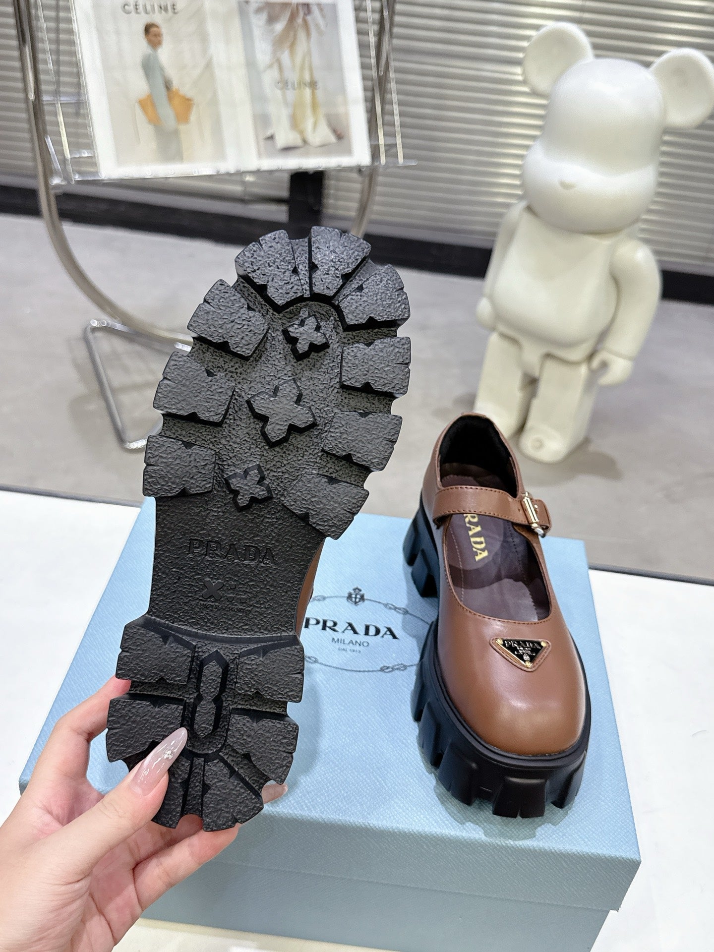 PRADA 25S PLATFORM MARY JANE SHOES IN BROWN CALFSKIN