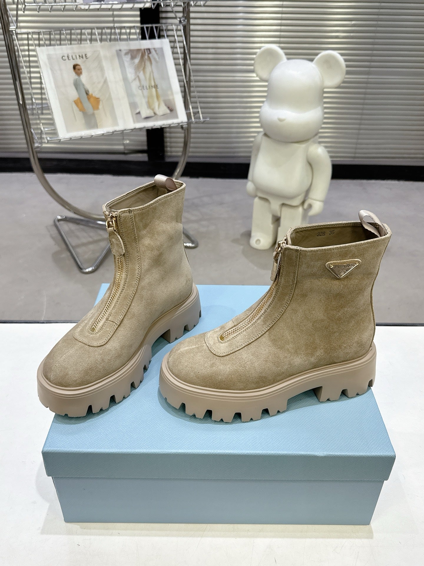PRADA 25S ZIP-UP ANKLE BOOTS IN BEIGE SUEDE