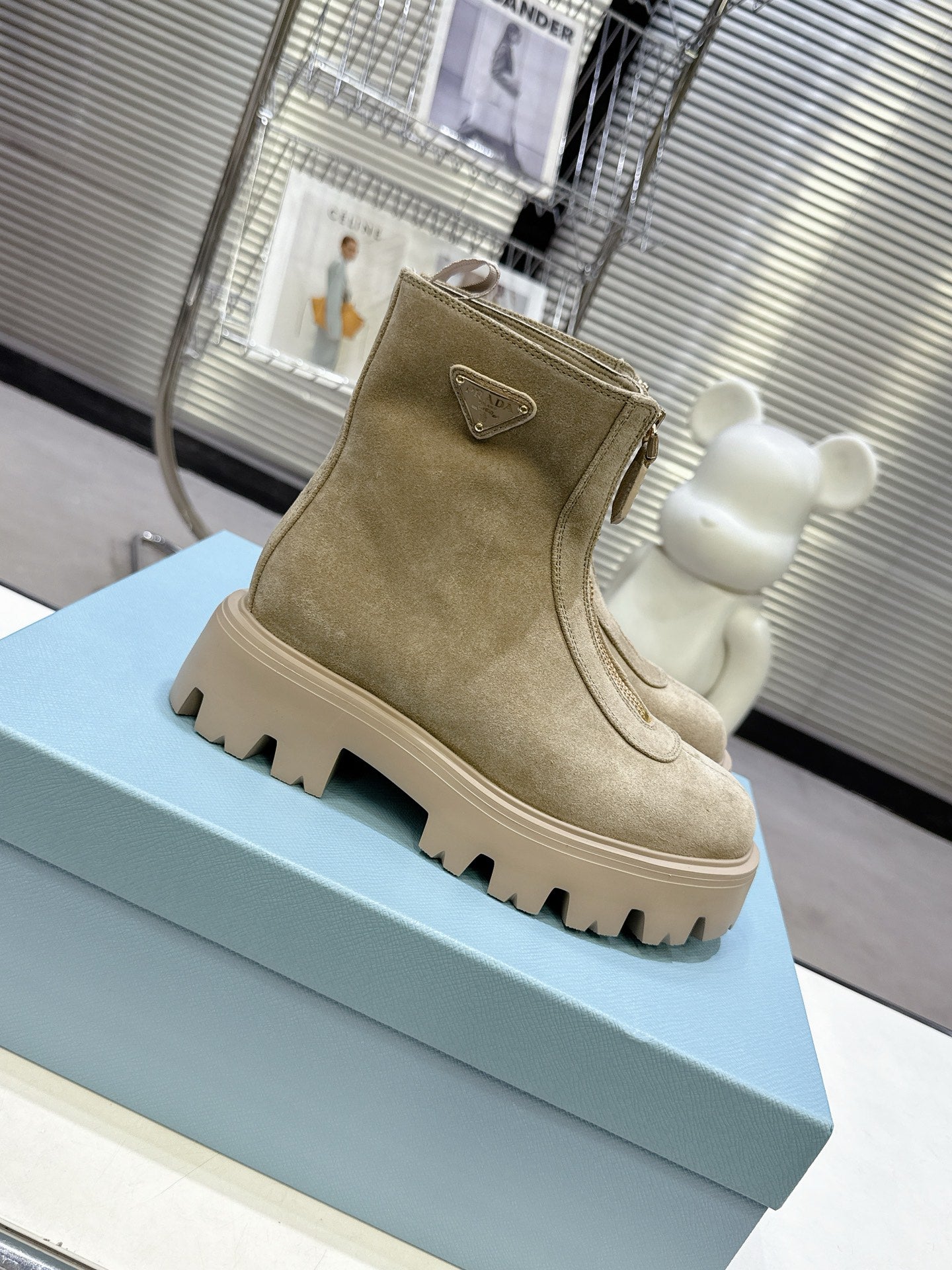 PRADA 25S ZIP-UP ANKLE BOOTS IN BEIGE SUEDE