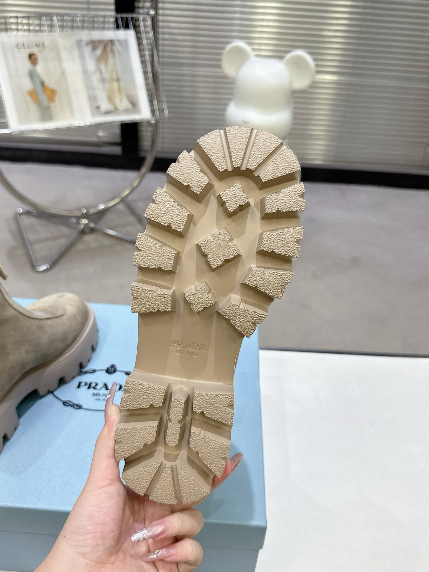 PRADA 25S ZIP-UP ANKLE BOOTS IN BEIGE SUEDE