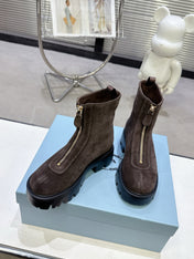 PRADA 25S ZIP-UP ANKLE BOOTS IN DARK BROWN SUEDE