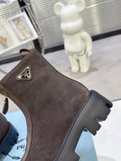 PRADA 25S ZIP-UP ANKLE BOOTS IN DARK BROWN SUEDE