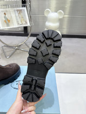 PRADA 25S ZIP-UP ANKLE BOOTS IN DARK BROWN SUEDE