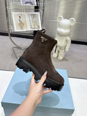 PRADA 25S ZIP-UP ANKLE BOOTS IN DARK BROWN SUEDE
