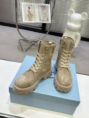 PRADA 25S WARRIOR BOOTS IN BEIGE SUEDE