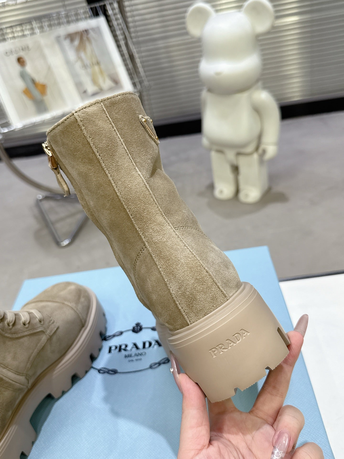 PRADA 25S WARRIOR BOOTS IN BEIGE SUEDE