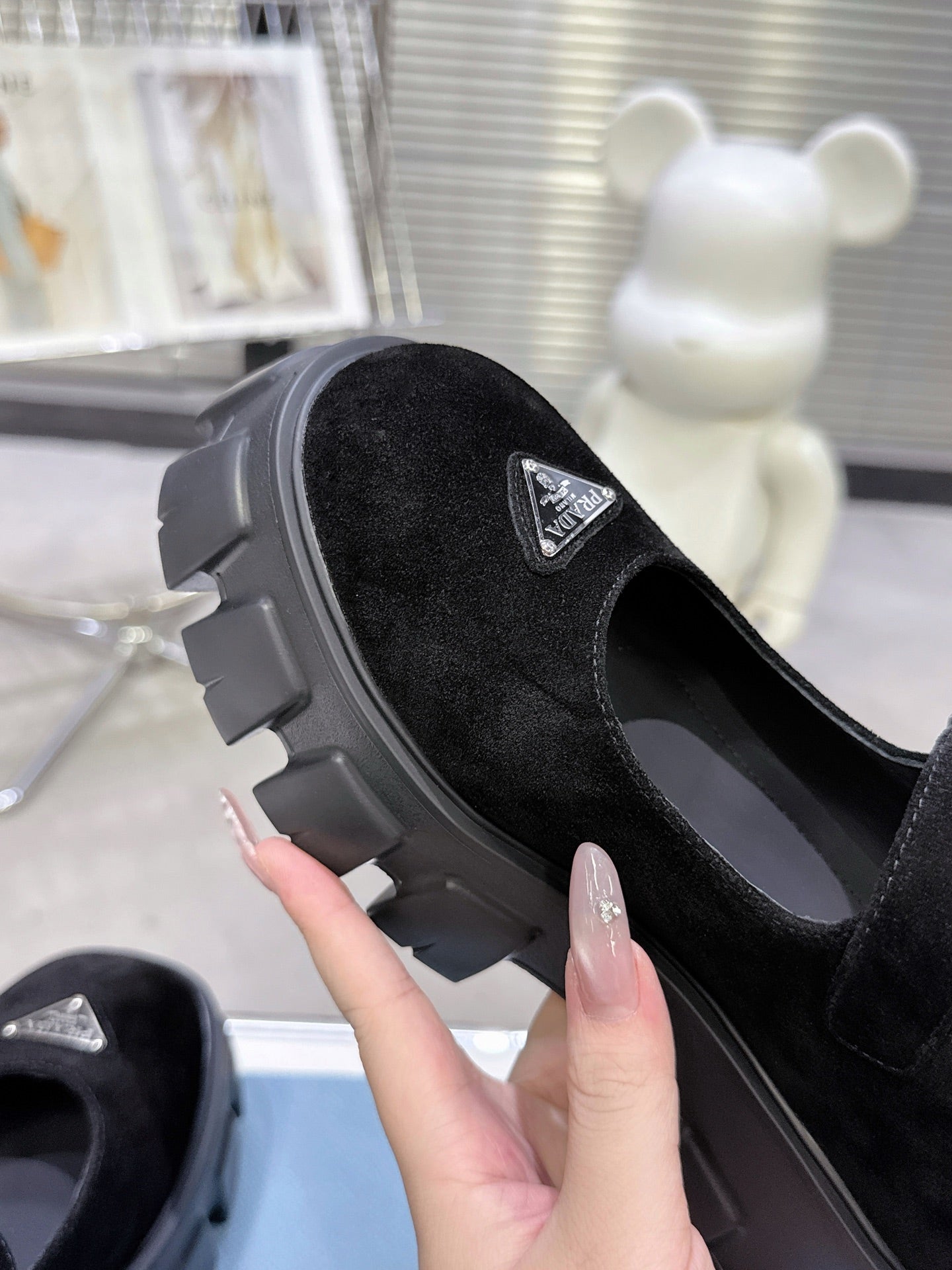 PRADA 25S PLATFORM MARY JANE SHOES IN BLACK SUEDE