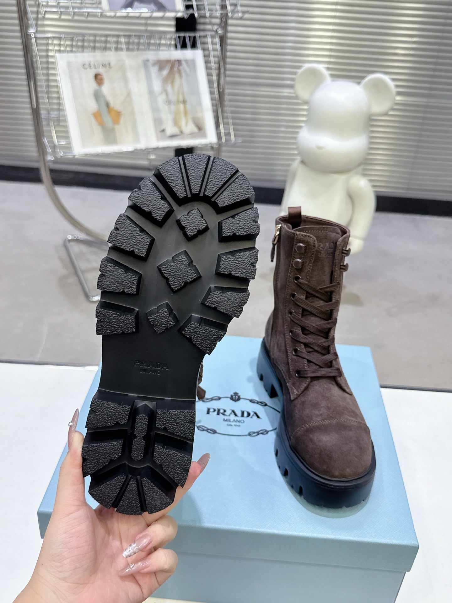 PRADA 25S WARRIOR BOOTS IN DARK BROWN SUEDE