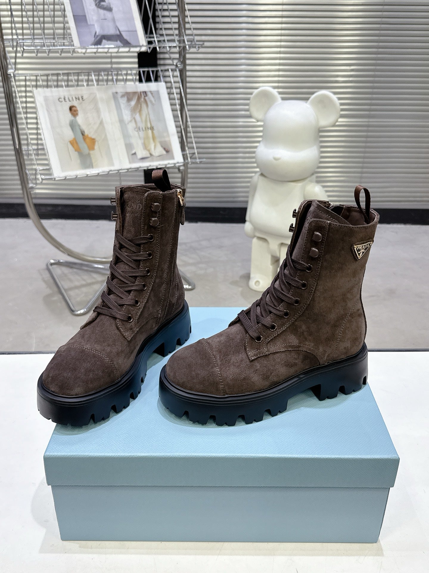 PRADA 25S WARRIOR BOOTS IN DARK BROWN SUEDE