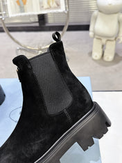 PRADA 25S RETRO PLATFORM MARTIN ANKLE BOOTS IN BLACK SUEDE