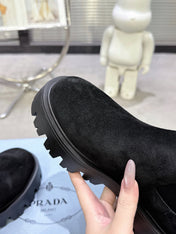 PRADA 25S RETRO PLATFORM MARTIN ANKLE BOOTS IN BLACK SUEDE