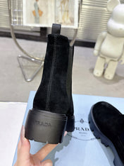 PRADA 25S RETRO PLATFORM MARTIN ANKLE BOOTS IN BLACK SUEDE
