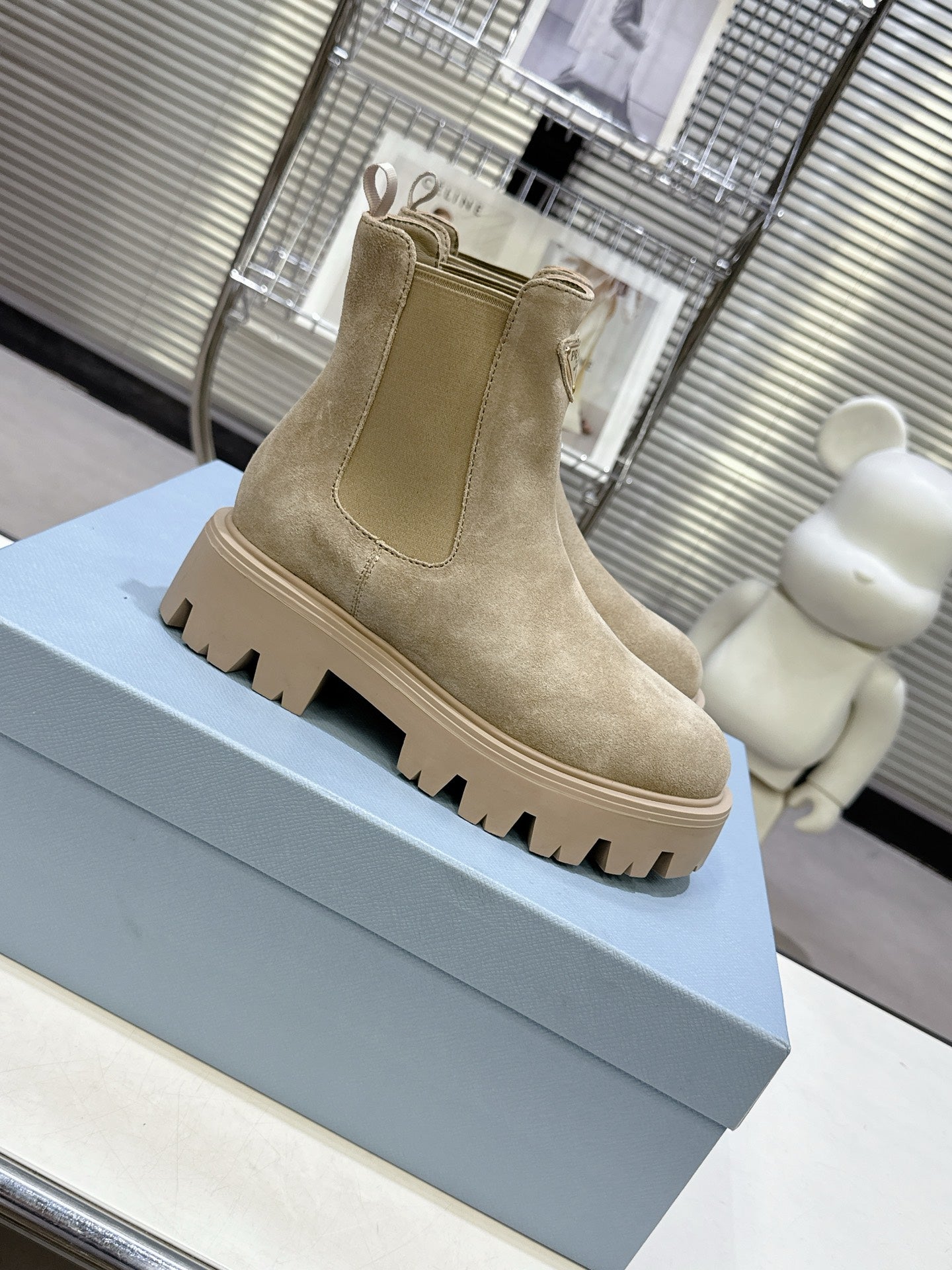 PRADA 25S RETRO PLATFORM MARTIN ANKLE BOOTS IN BEIGE SUEDE
