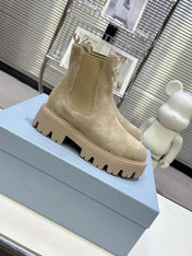 PRADA 25S RETRO PLATFORM MARTIN ANKLE BOOTS IN BEIGE SUEDE