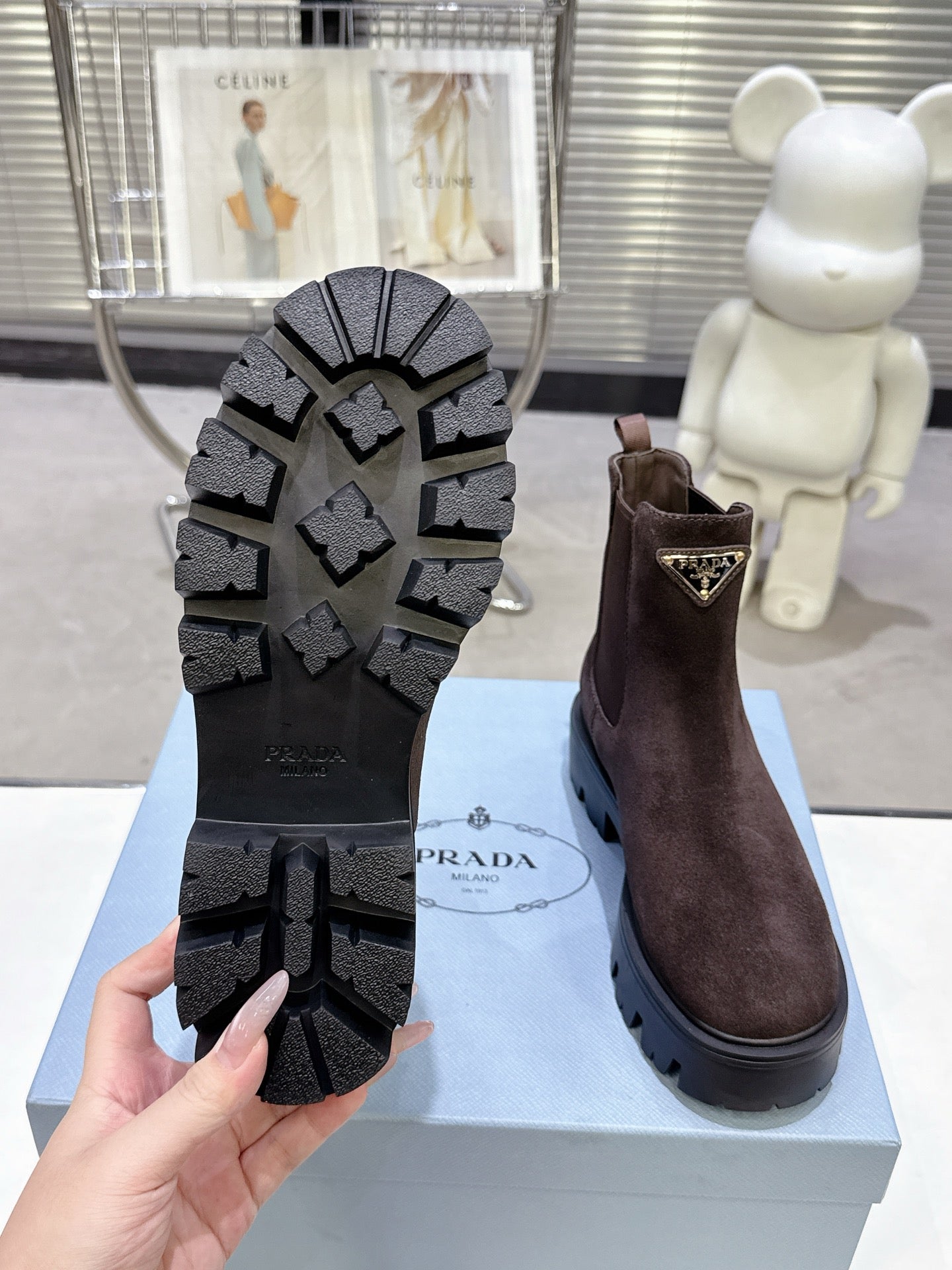 PRADA 25S RETRO PLATFORM MARTIN ANKLE BOOTS IN DARK BROWN SUEDE