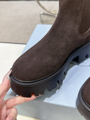 PRADA 25S RETRO PLATFORM MARTIN ANKLE BOOTS IN DARK BROWN SUEDE