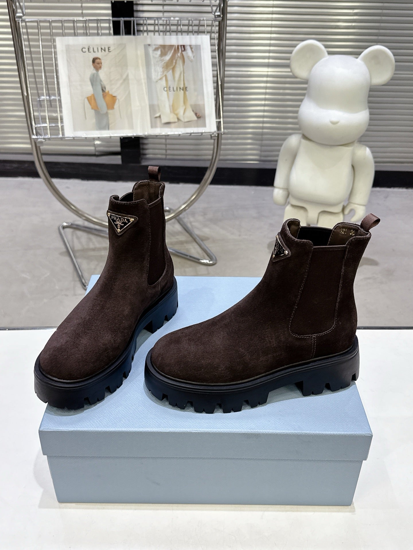 PRADA 25S RETRO PLATFORM MARTIN ANKLE BOOTS IN DARK BROWN SUEDE