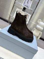 PRADA 25S RETRO PLATFORM MARTIN ANKLE BOOTS IN DARK BROWN SUEDE