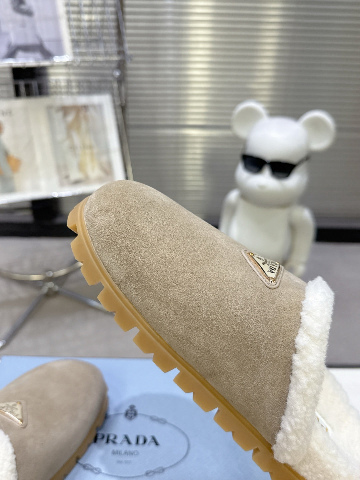 PRADA 25S FUR-LINED SABOT MULES IN BEIGE SUEDE