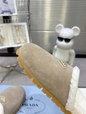 PRADA 25S FUR-LINED SABOT MULES IN BEIGE SUEDE