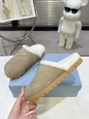 PRADA 25S FUR-LINED SABOT MULES IN BEIGE SUEDE