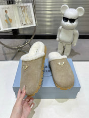 PRADA 25S FUR-LINED SABOT MULES IN BEIGE SUEDE