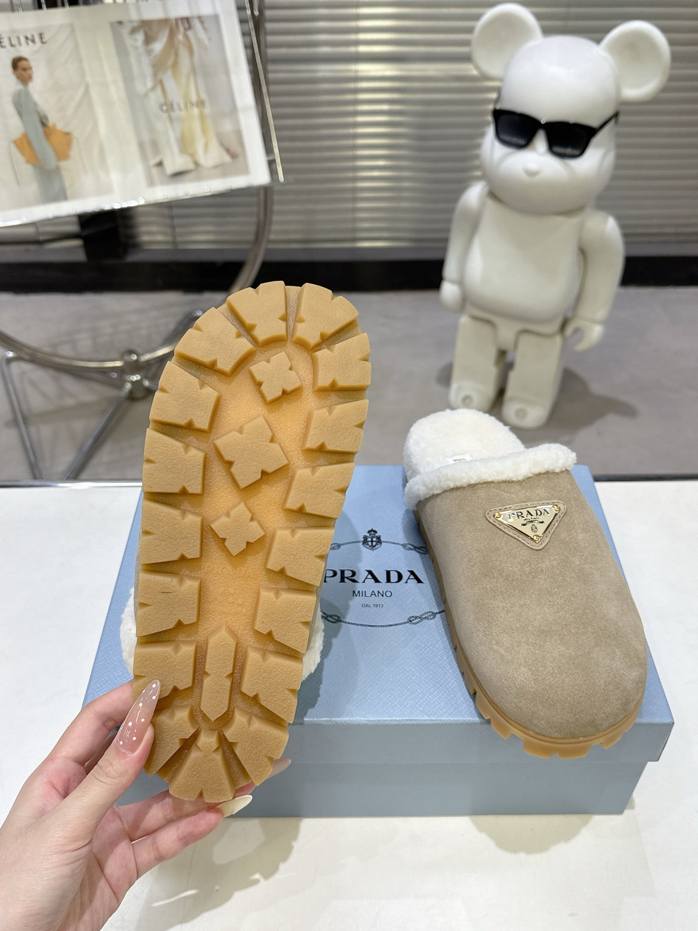 PRADA 25S FUR-LINED SABOT MULES IN BEIGE SUEDE