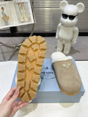 PRADA 25S FUR-LINED SABOT MULES IN BEIGE SUEDE