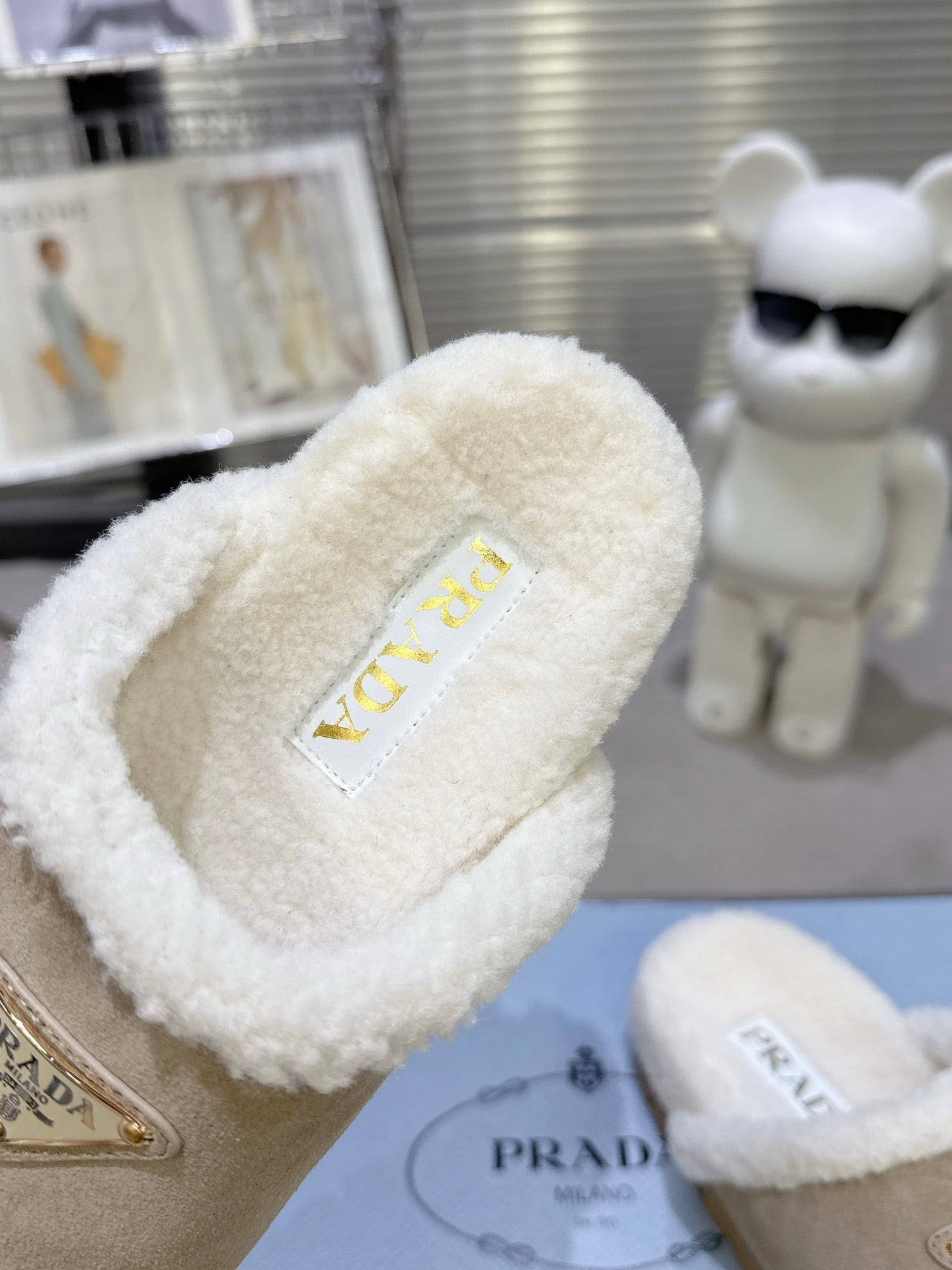 PRADA 25S FUR-LINED SABOT MULES IN BEIGE SUEDE