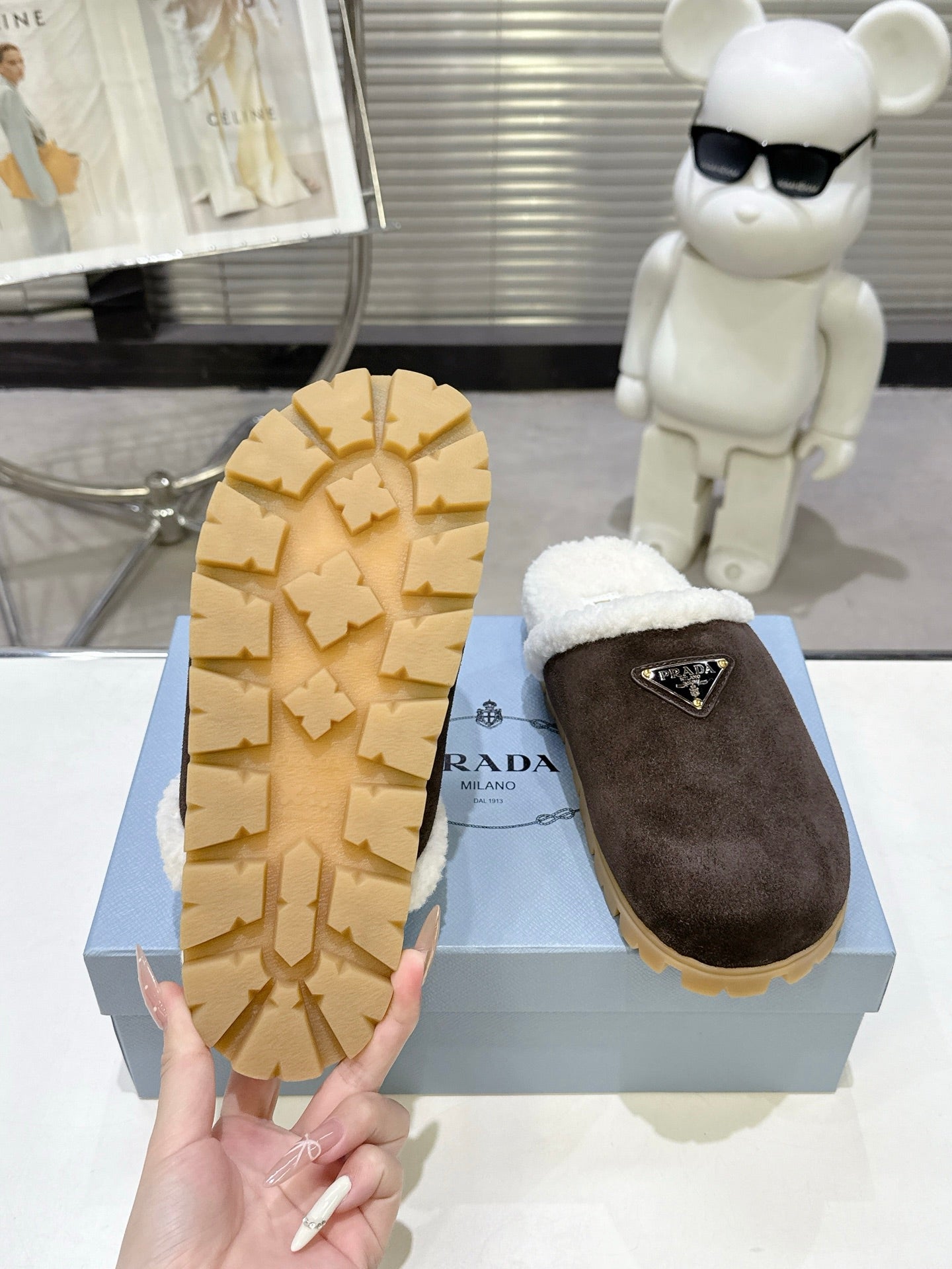 PRADA 25S FUR-LINED MULES IN DARK BROWN SUEDE