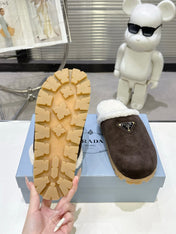PRADA 25S FUR-LINED MULES IN DARK BROWN SUEDE