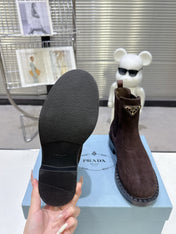 PRADA 25S RETRO PLATFORM MARTIN BOOTS IN DARK BROWN SUEDE