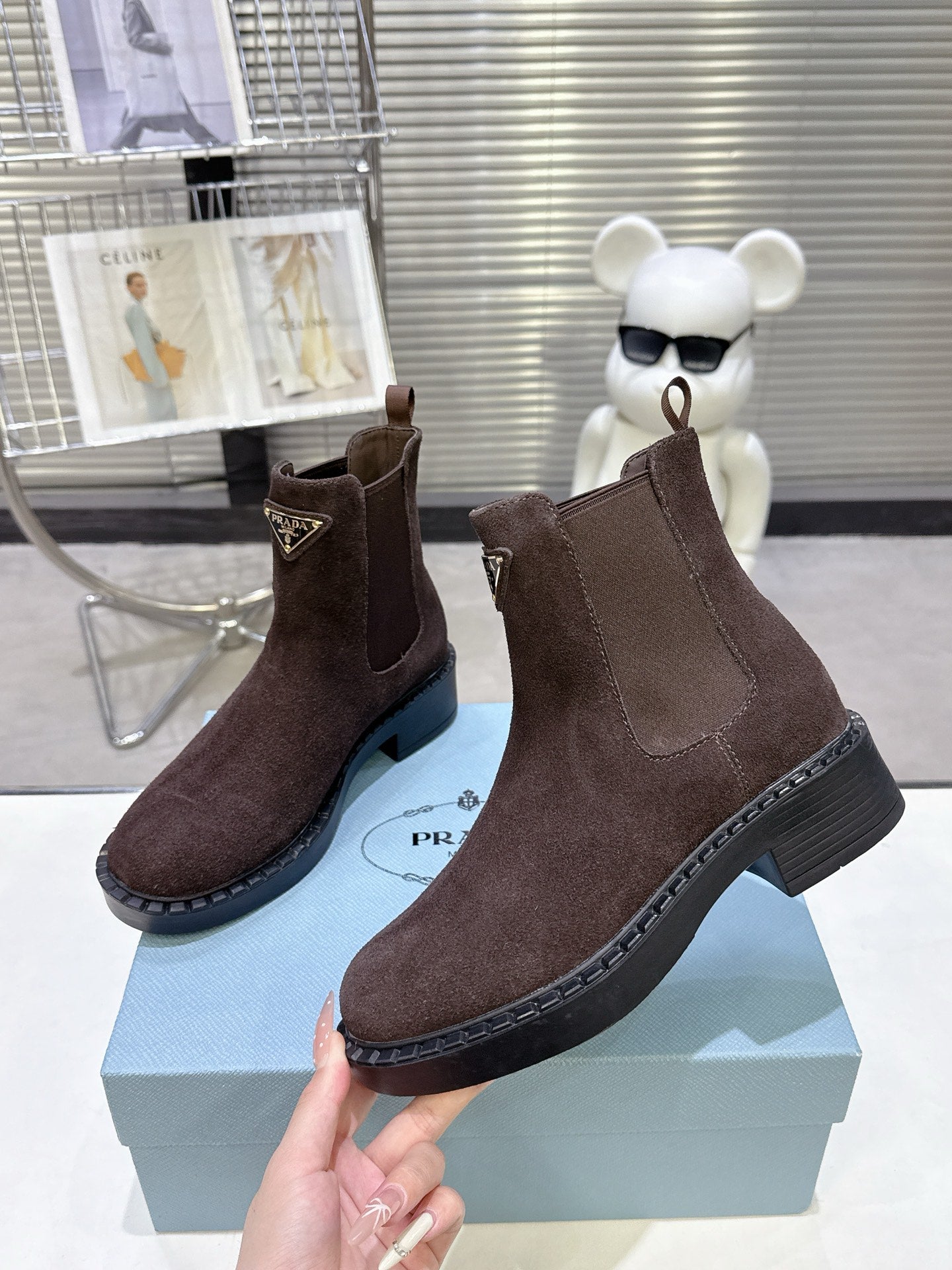 PRADA 25S RETRO PLATFORM MARTIN BOOTS IN DARK BROWN SUEDE