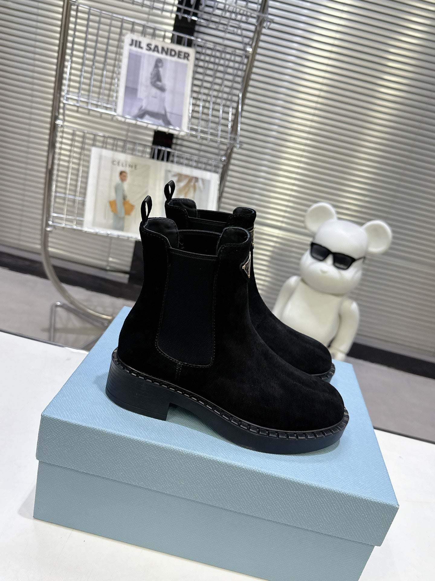 PRADA 25S RETRO PLATFORM MARTIN BOOTS IN BLACK SUEDE