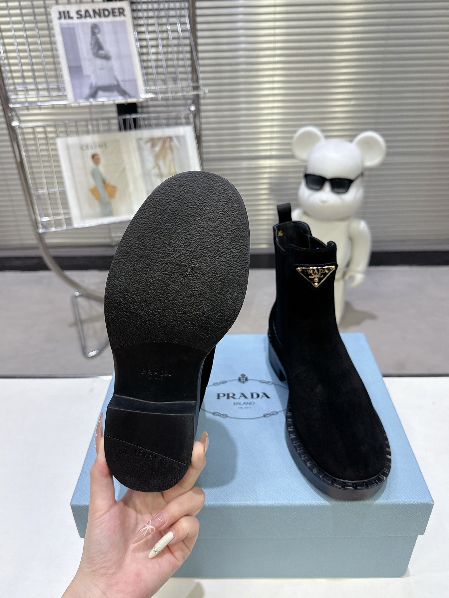 PRADA 25S RETRO PLATFORM MARTIN BOOTS IN BLACK SUEDE