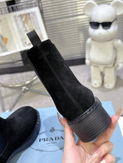PRADA 25S RETRO PLATFORM MARTIN BOOTS IN BLACK SUEDE