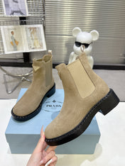 PRADA 25S RETRO PLATFORM MARTIN BOOTS IN BEIGE SUEDE