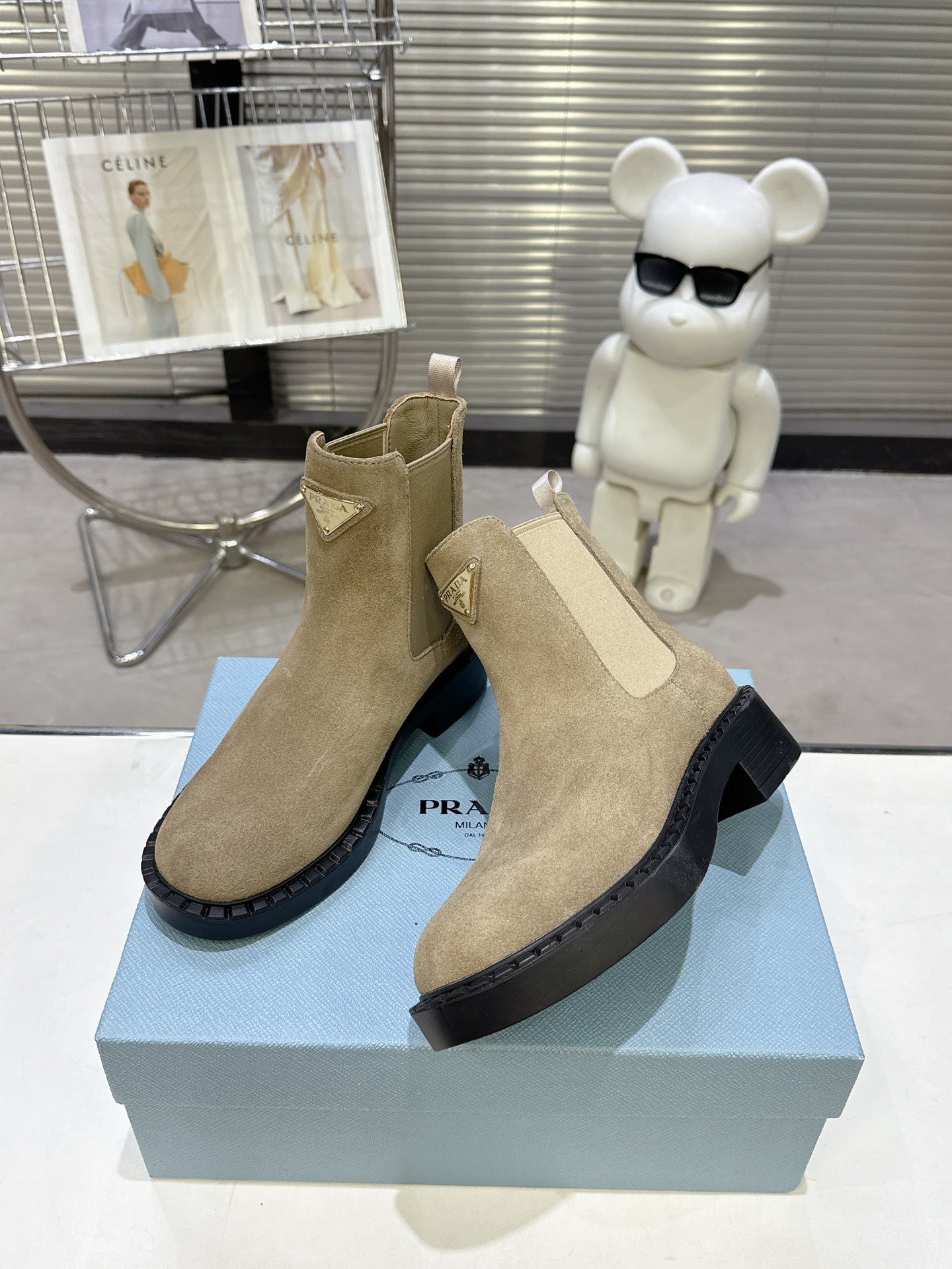 PRADA 25S RETRO PLATFORM MARTIN BOOTS IN BEIGE SUEDE