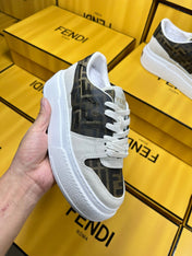 FENDI THICK-SOLDED SNEAKER IN WHITE SUEDE AND BROWN MONOGRAM FABRIC